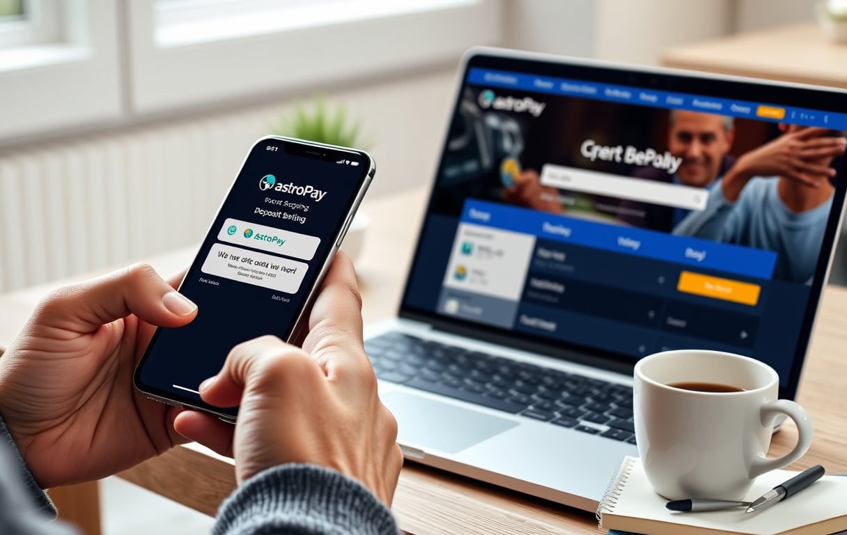 Person som bruker AstroPay-appen på mobilen for å sette inn penger på en bookmaker via laptop