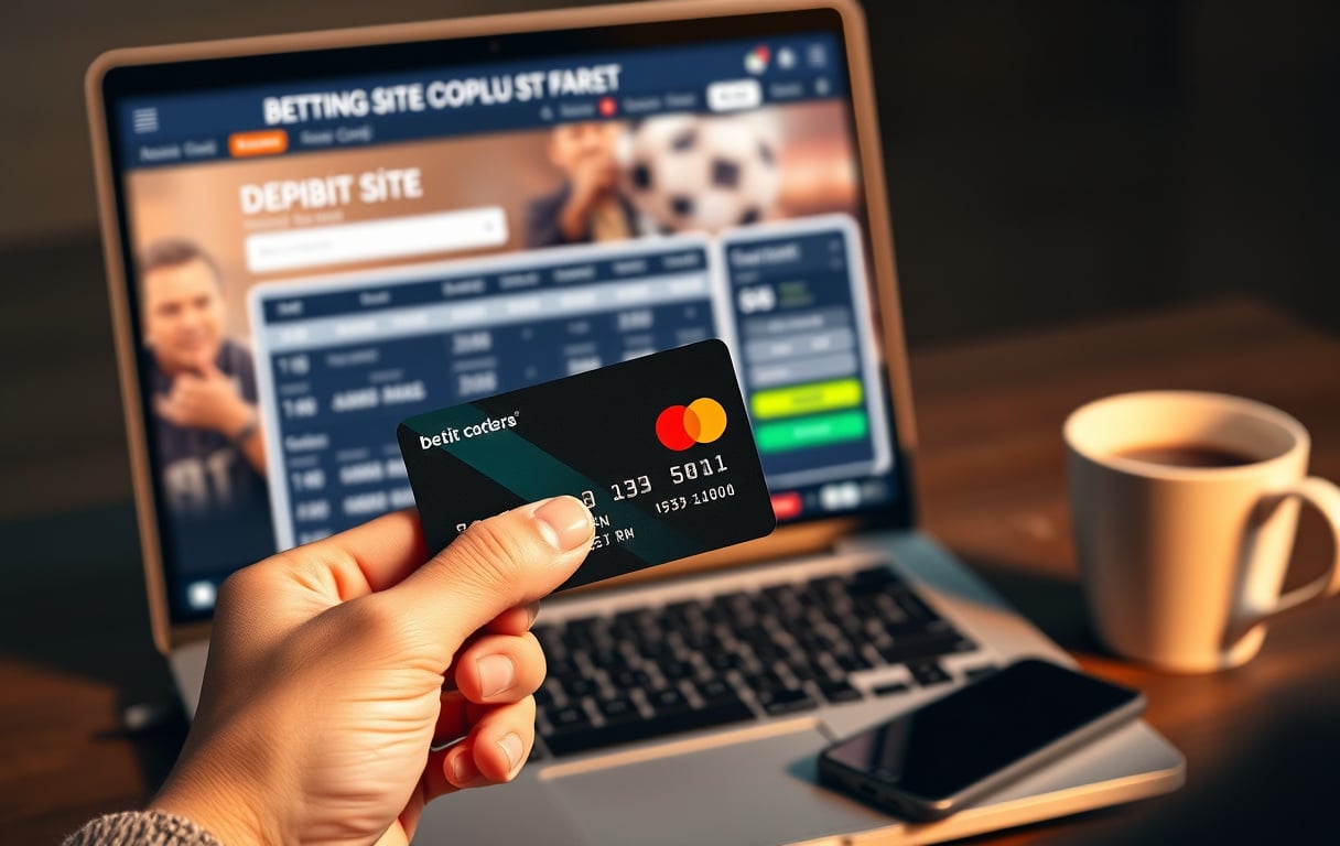 Person som holder et Mastercard debetkort foran en bærbar PC med en bettingside på skjermen.