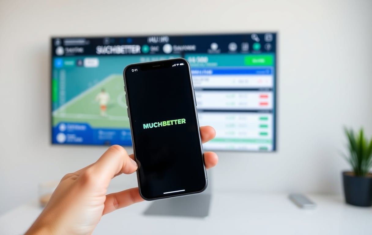 Person som betaler med Muchbetter-appen på mobilen hos en bookmaker