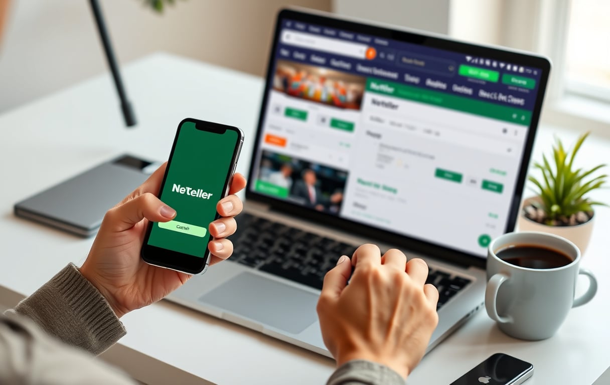Person med Neteller-app på mobil og bookmakerkasse på laptop