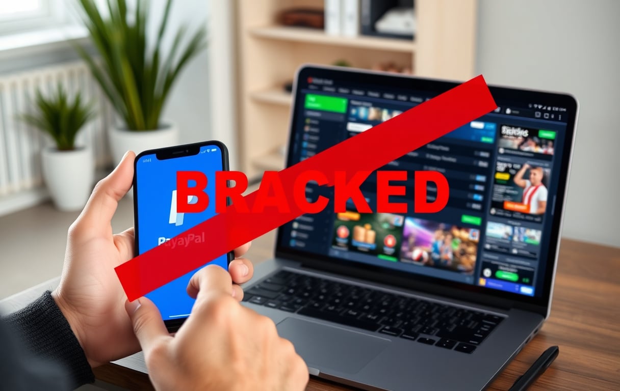 Smarttelefon med PayPal-app ved siden av en bærbar PC som viser en bookmaker-side, med et rødt blokkert-symbol.