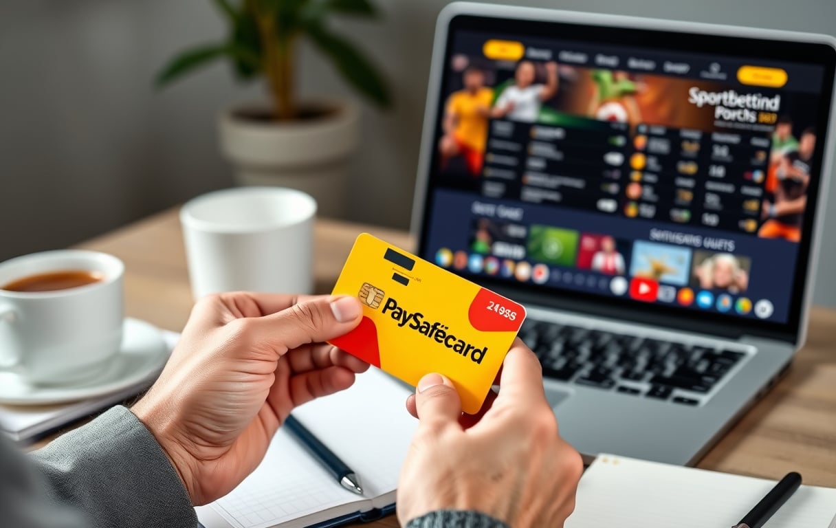 En person holder en gul Paysafecard og en smarttelefon, med en bærbar PC som viser en spillside i bakgrunnen.