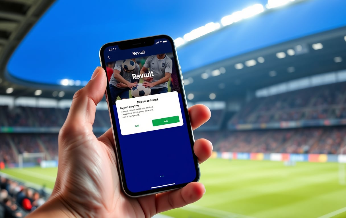 Mobiltelefon med Revolut-app og bekreftelse på innskudd til en bettingside, med fotballkamp i bakgrunnen.