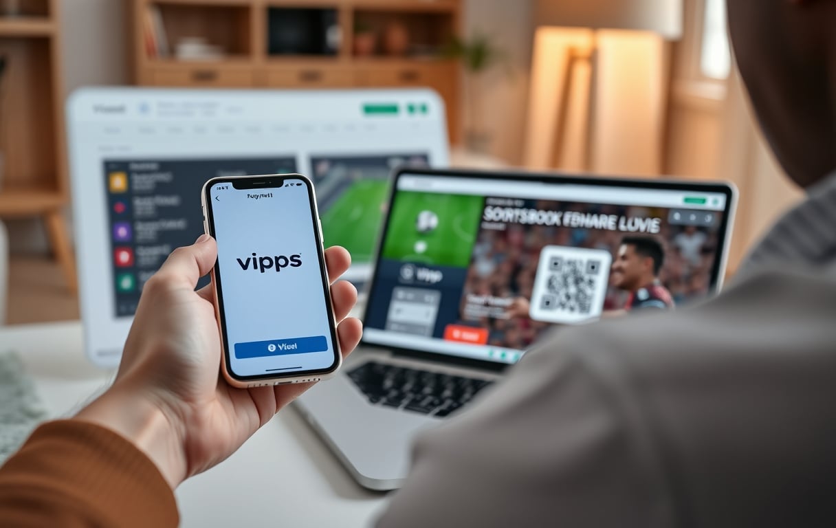 En person som bruker Vipps-appen på mobilen for å sette inn penger på en bookmaker, med fotballodds på skjermen.