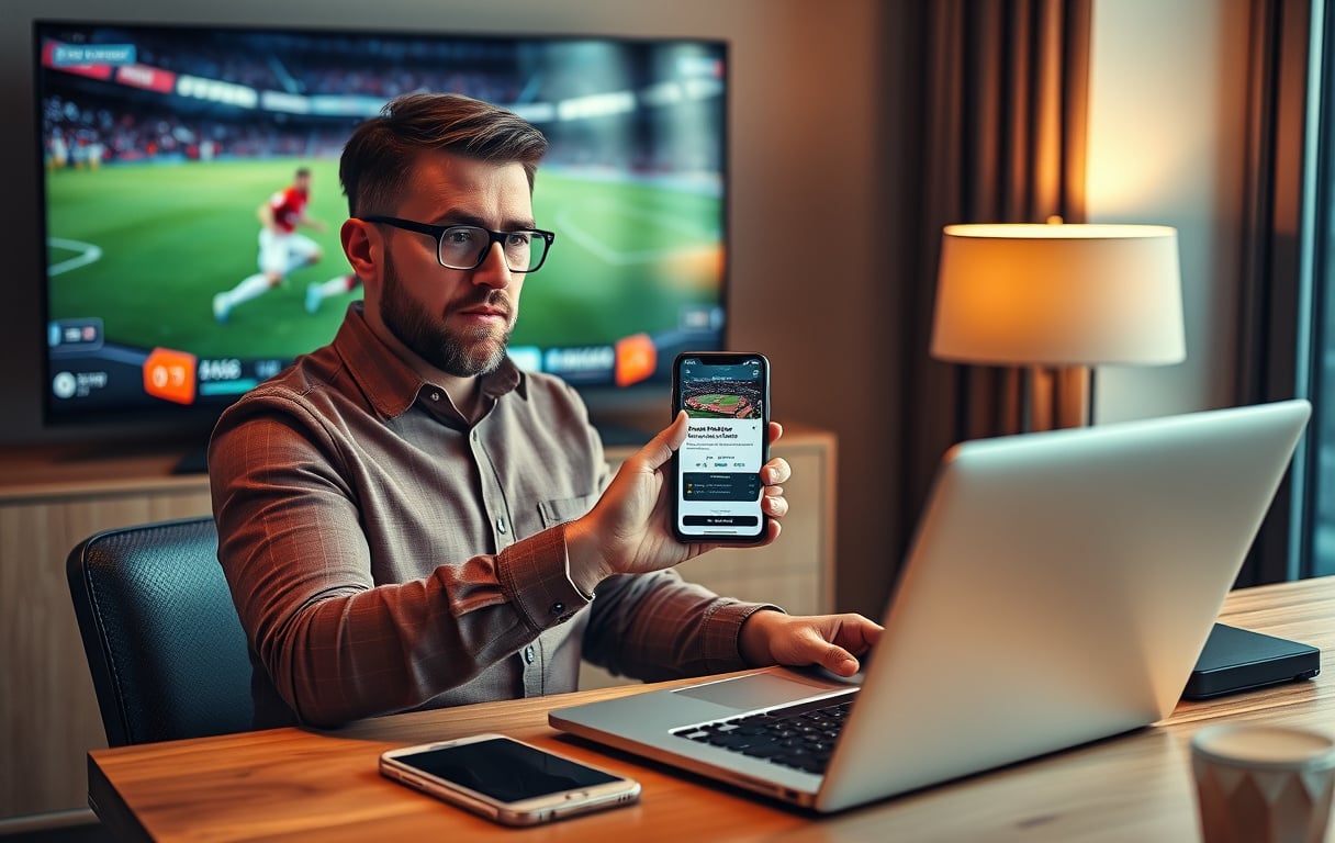 Norsk spiller mottar cashback-varsel på mobilen mens han følger en fotballkamp på TV.