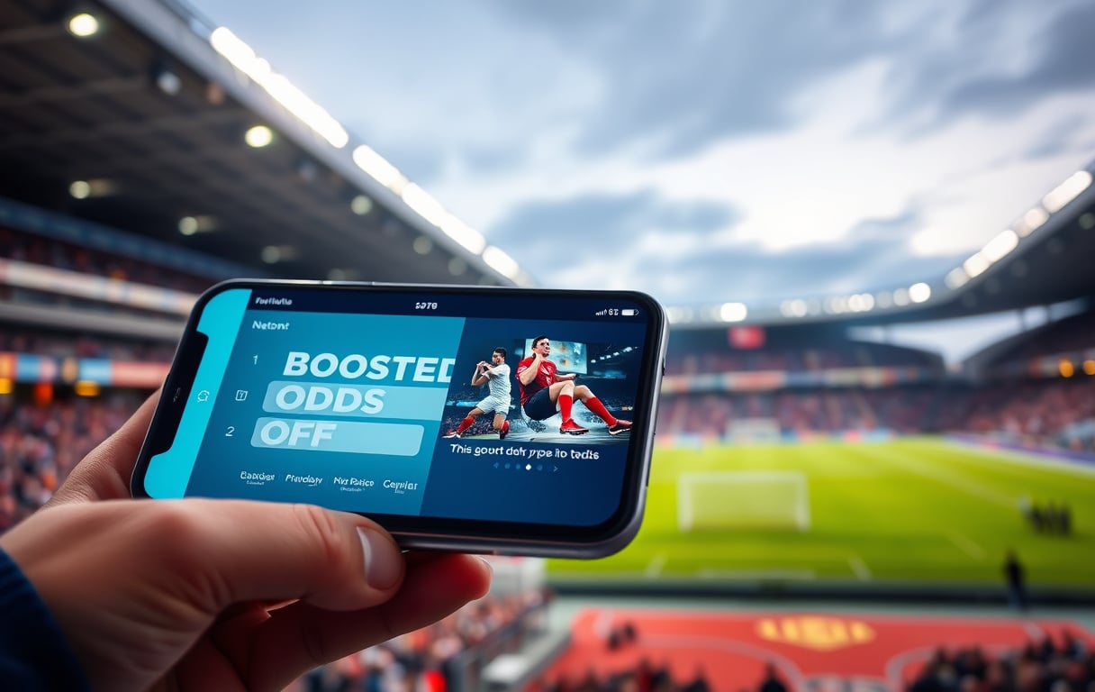 Smarttelefon med oddsboost-tilbud på skjermen, fotballstadion i bakgrunnen