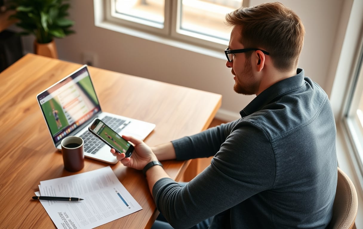 Norsk mann som sjekker odds og velkomstbonus på mobil og pc