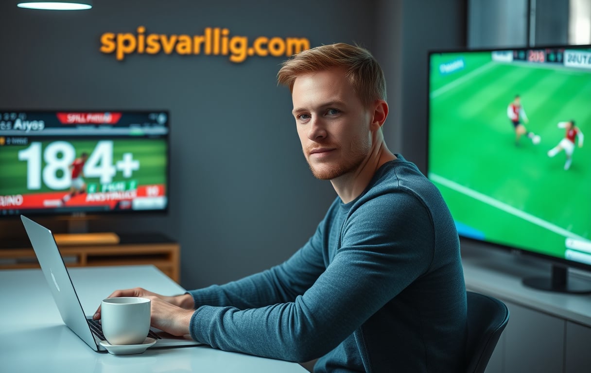 Norsk mann med laptop og fotballskjerm, med ansvarlig spilling-symboler i bakgrunnen