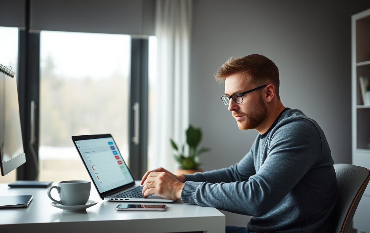 Norsk mann som sjekker fotballodds på laptop i moderne hjemmekontor