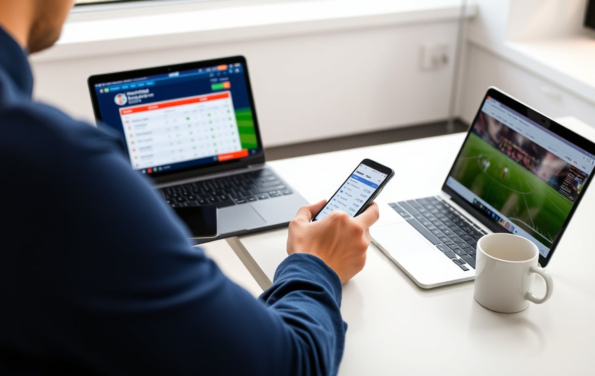 En person som sammenligner odds på mobil og PC for å velge bettingside, med kaffekopp på skrivebordet.