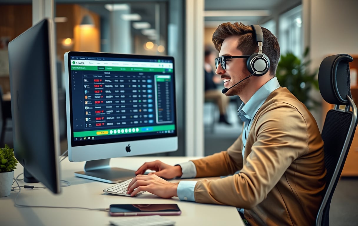 Kundeserviceagent ved skrivebord med headset og skjerm som viser bookmaker-odds