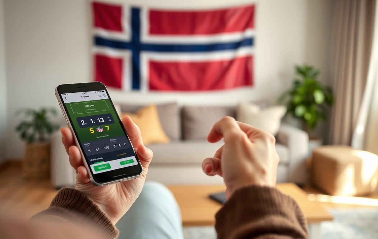 Norsk spiller som legger et live-spill på fotball via en mobil betting-app