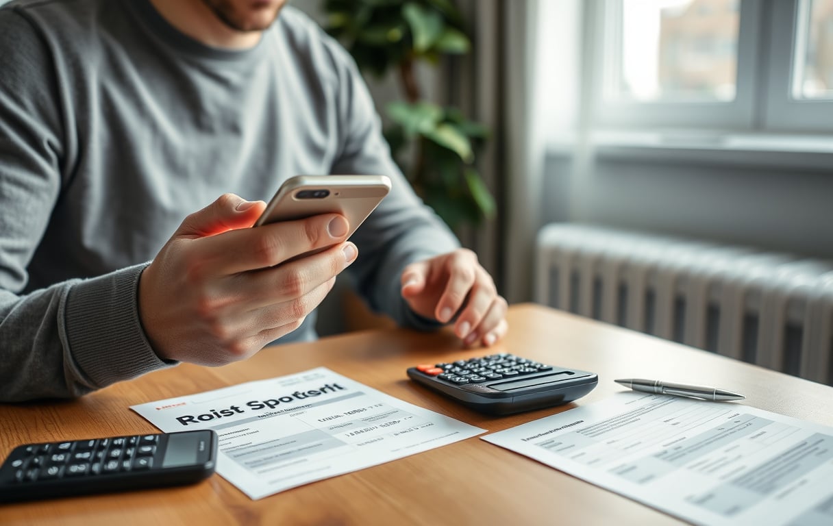 Norsk spiller som sjekker odds på mobilen med skatteskjema og kalkulator på bordet.