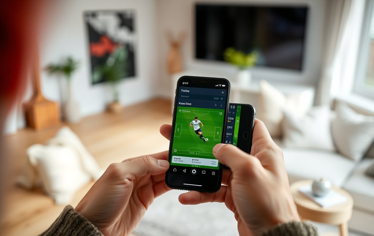 Person som holder en mobiltelefon med en fotballkamp og oddsspill på skjermen