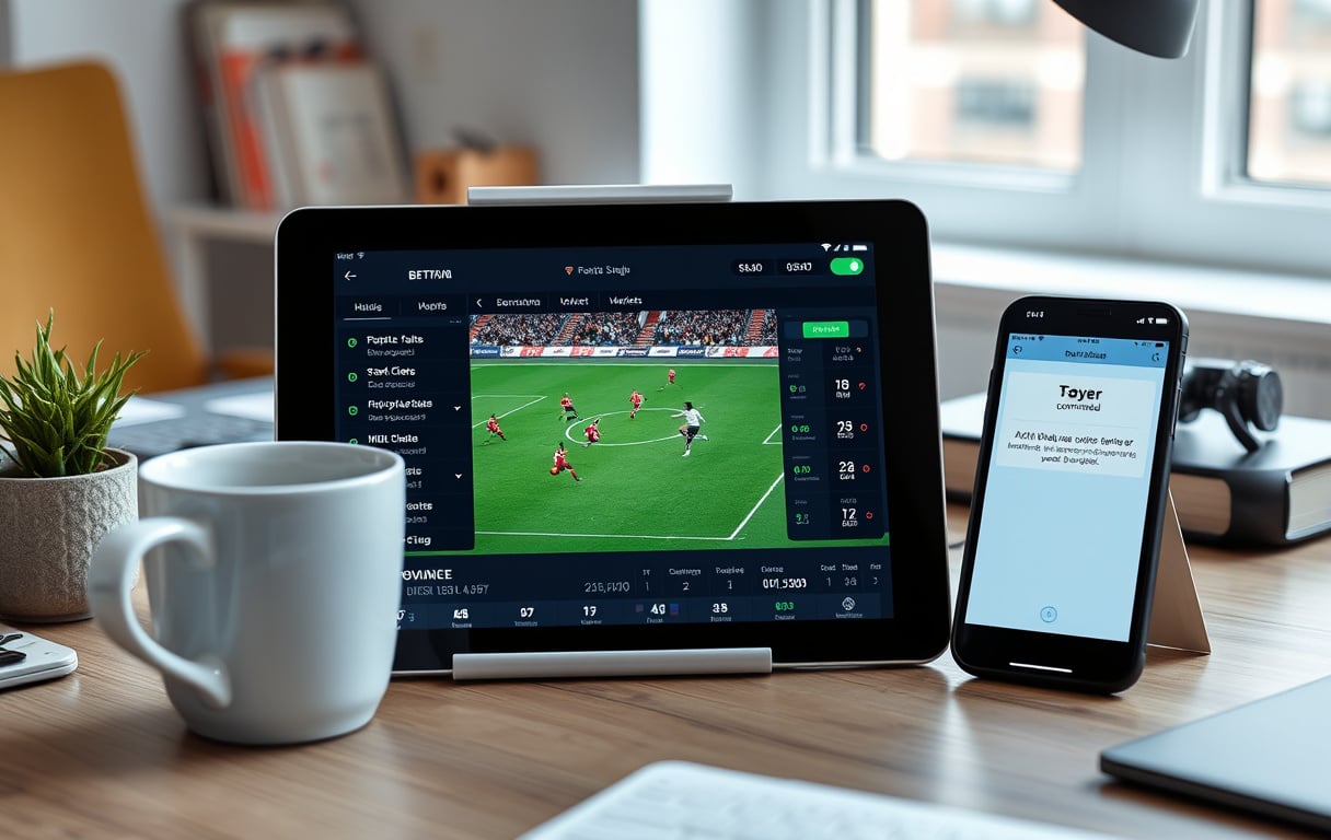 Tablet med fotballkamp og odds, kaffekopp og telefon med uttaksbekreftelse på et skrivebord.