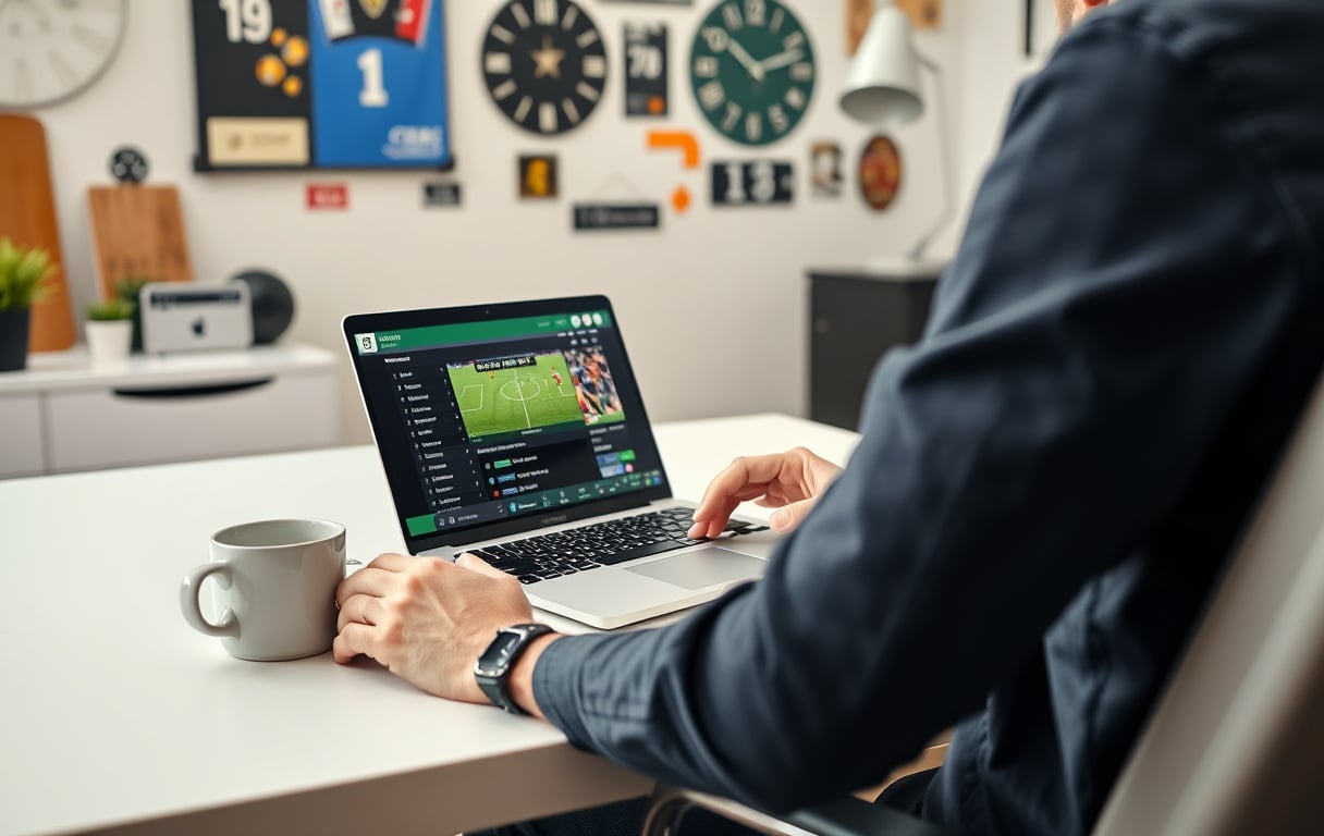 Person som sitter ved en pult med en bærbar PC som viser live-odds, en mobiltelefon med en fotballkamp, og en kopp kaffe.