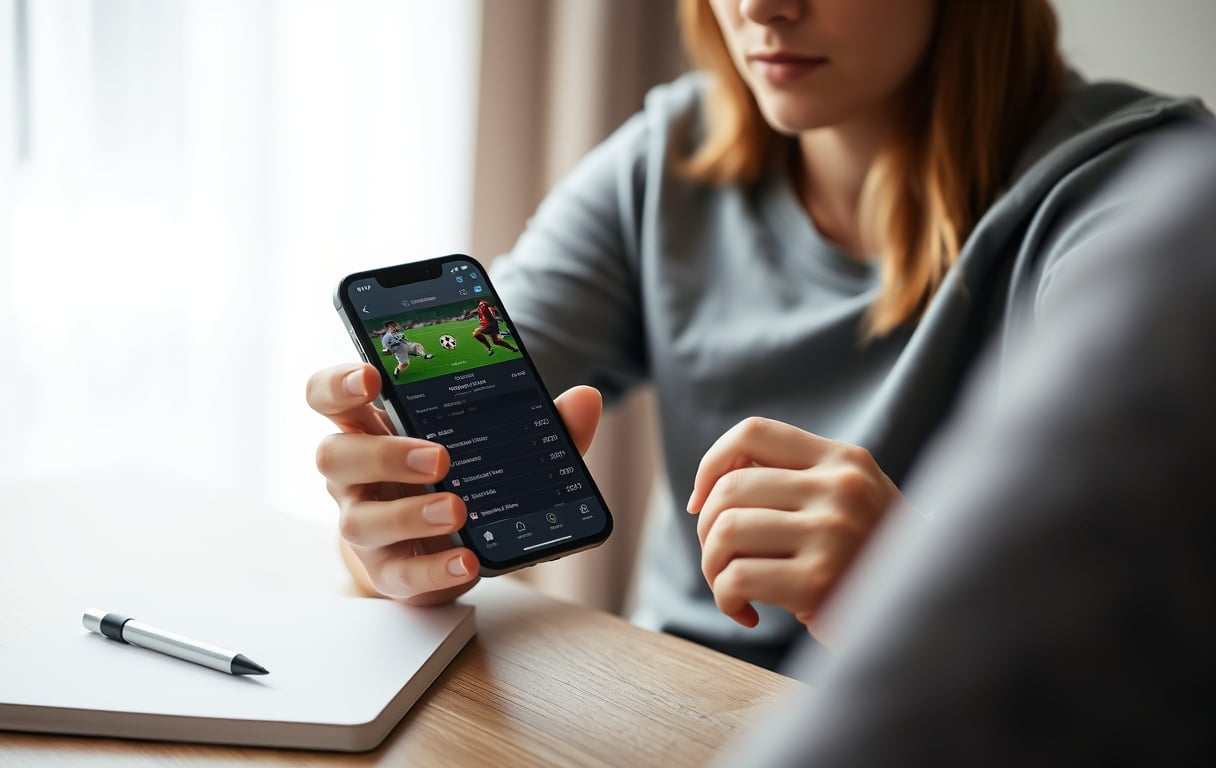 Person som sammenligner bettingapper på mobilen med kaffekopp og notatbok
