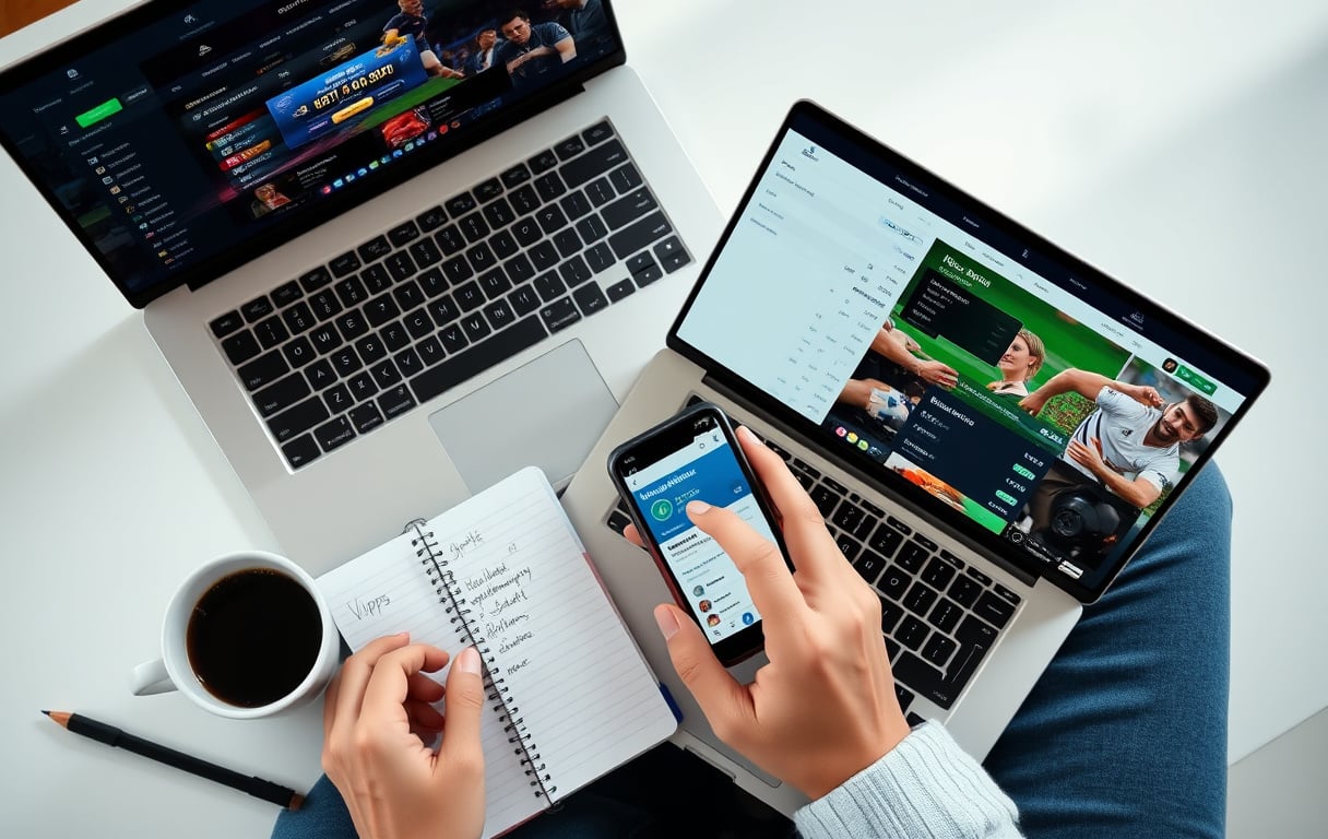 En person sammenligner to bettingsider på bærbar PC med notater og kaffekopp – illustrasjon av guide for bettingselskaper.