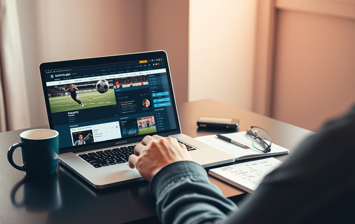 En person som sammenligner bettingsider på en bærbar PC med fotball på skjermen.
