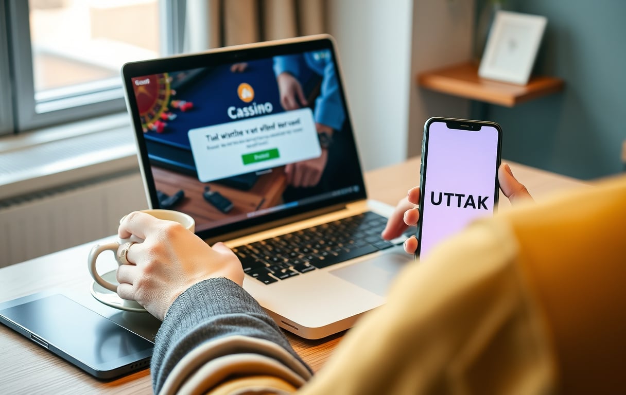 Person som sjekker uttak fra et casino uten omsetningskrav på en bærbar PC.