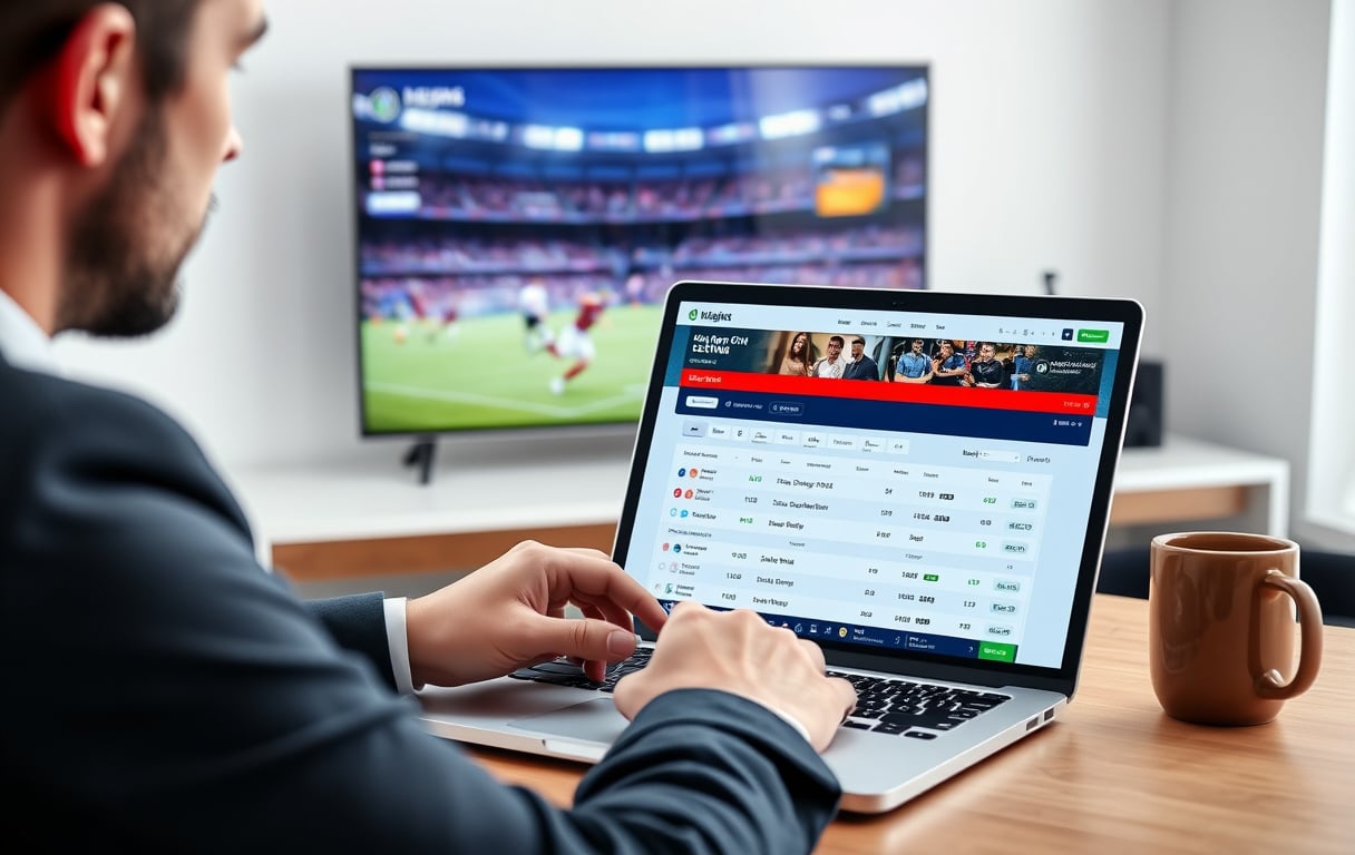 Person som sammenligner bettingsider for fotball odds på laptop med fotballkamp på TV