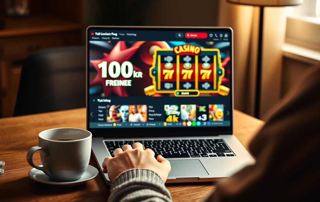 Person ved laptop med gratiscasino-bonus på skjermen og spilleautomater i bakgrunnen.