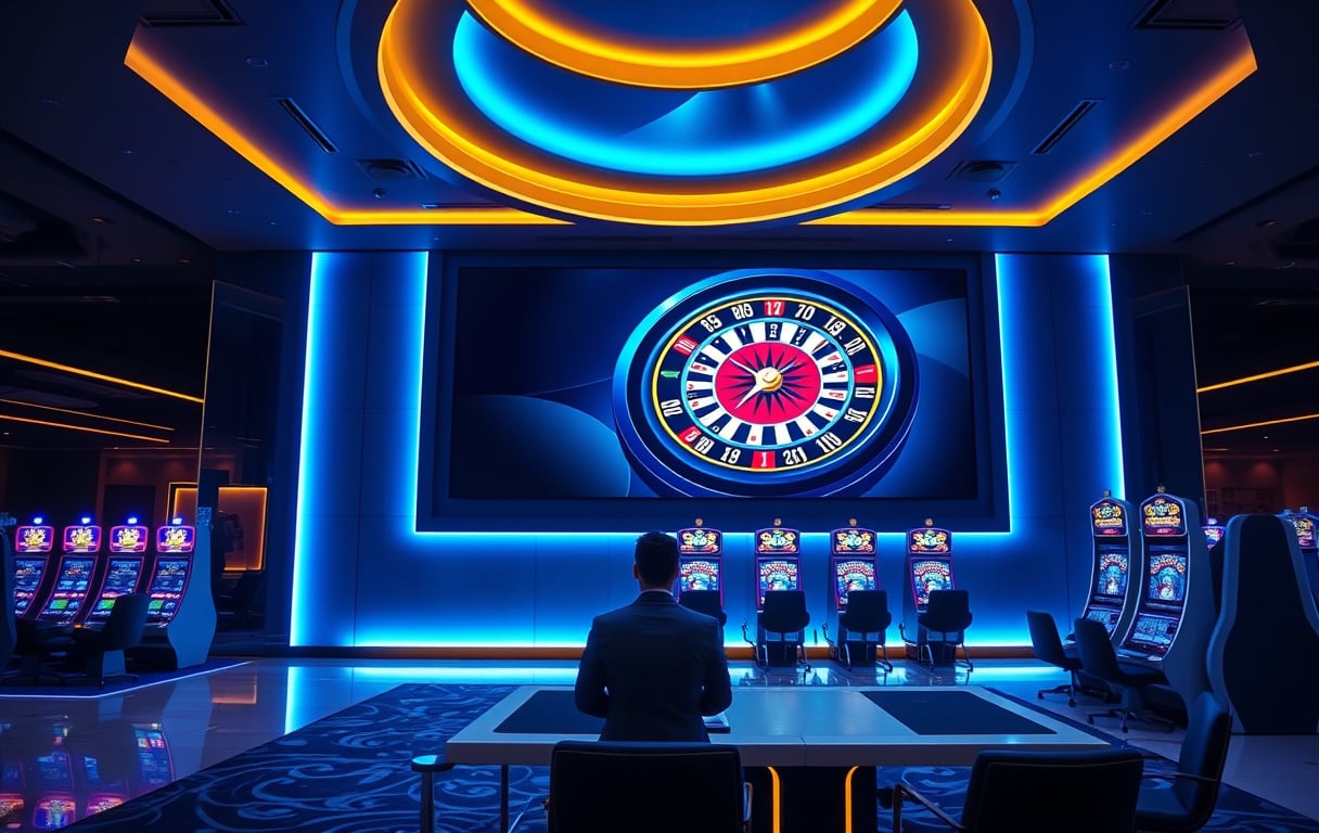Luksuriøs casinolobby med roulette og spilleautomater, VIP-område, moderne design