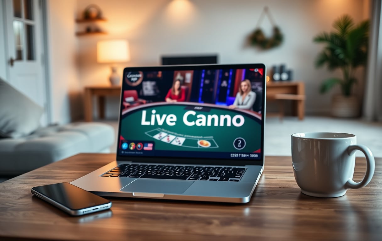 En laptop med et live blackjack-bord på skjermen, ved siden av en mobiltelefon og en kaffekopp i en norsk stue.