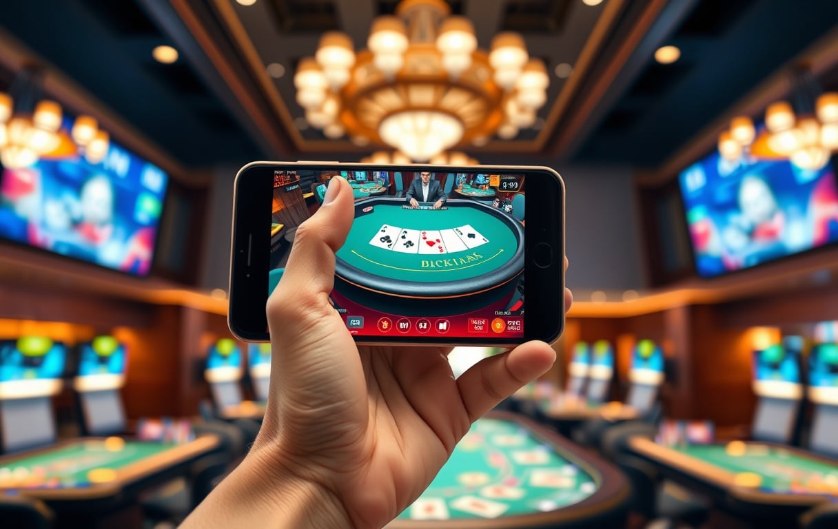 Person som spiller live blackjack på mobilcasino.