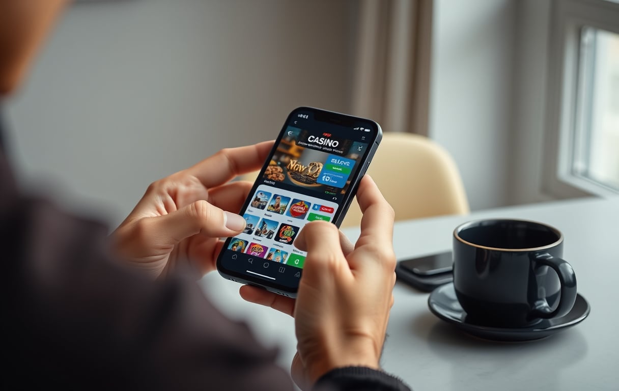 Person som sammenligner casinoer på mobilen med norske kroner synlig