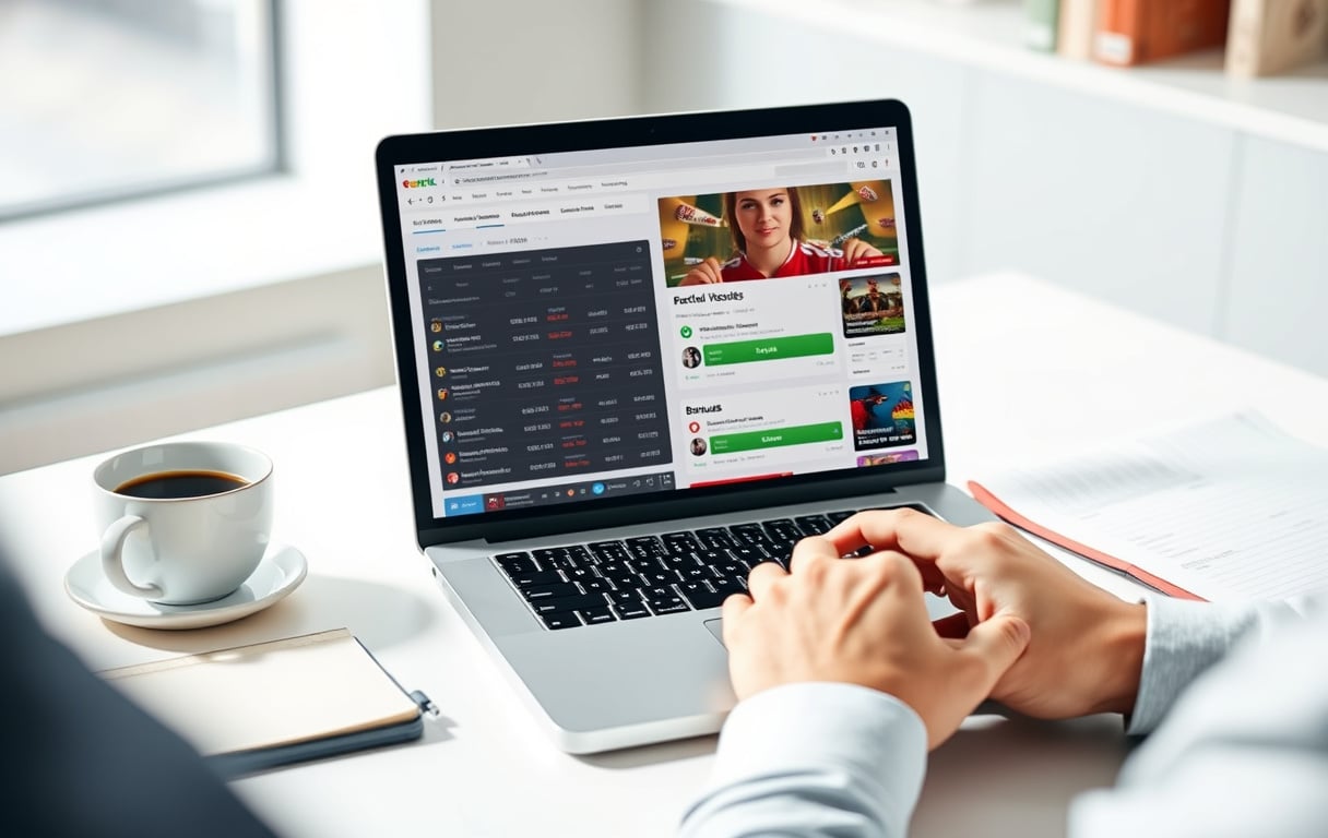 En person sammenligner to bettingsider på en bærbar PC, med kaffekopp og notatbok på pulten.