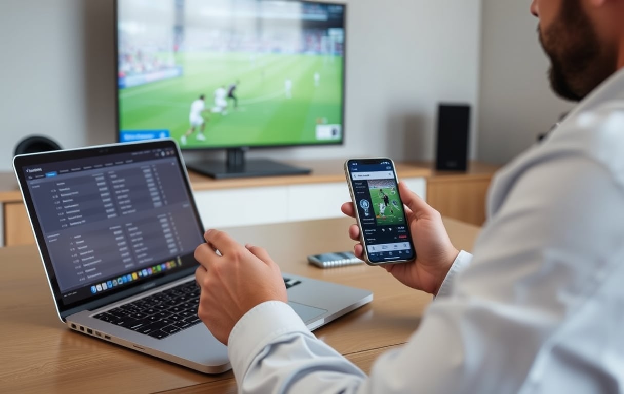 En person som sammenligner odds på en bærbar PC og mobiltelefon, med en fotballkamp på TV i bakgrunnen.