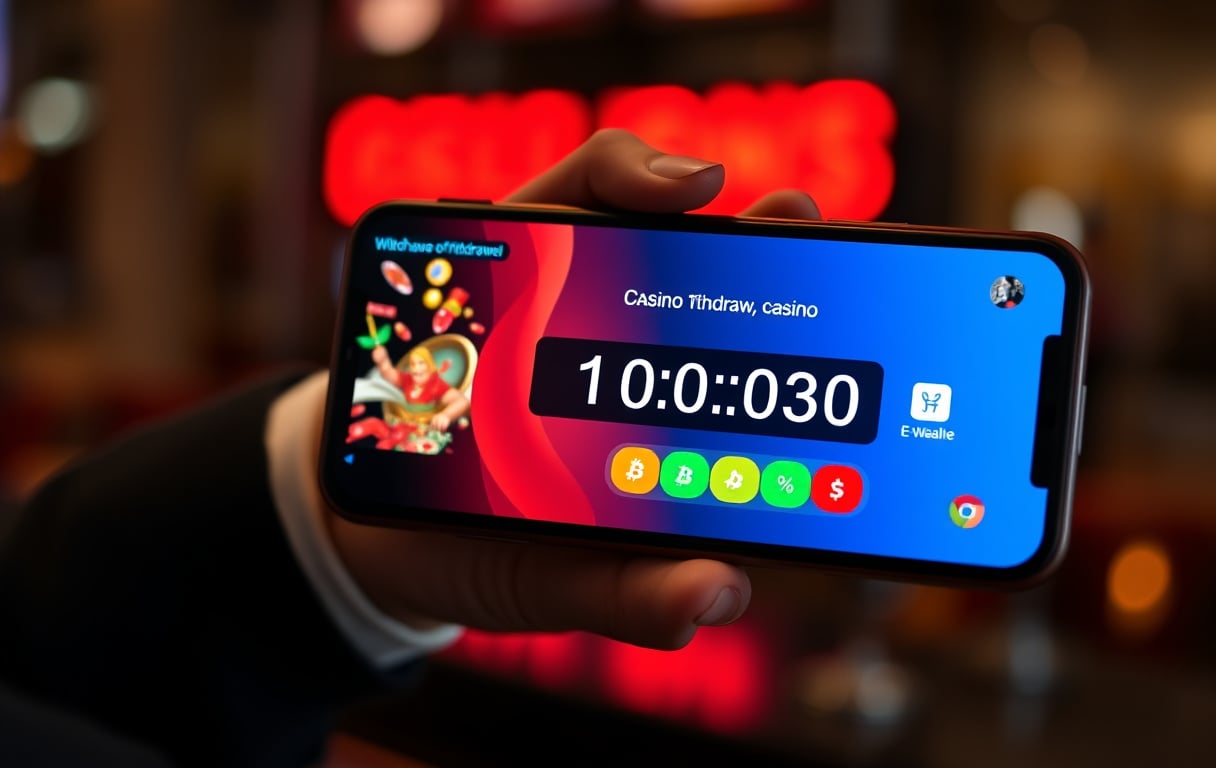 Person med mobil som viser uttaksskjerm fra et casino, med timer og kryptovaluta-ikoner