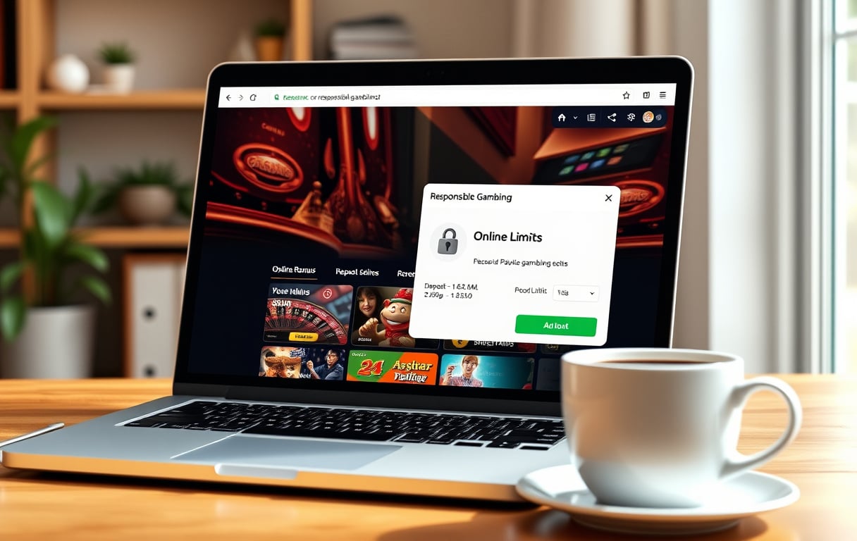 Trygt casino på en laptop med hengelås og ansvarlig spill-verktøy synlig