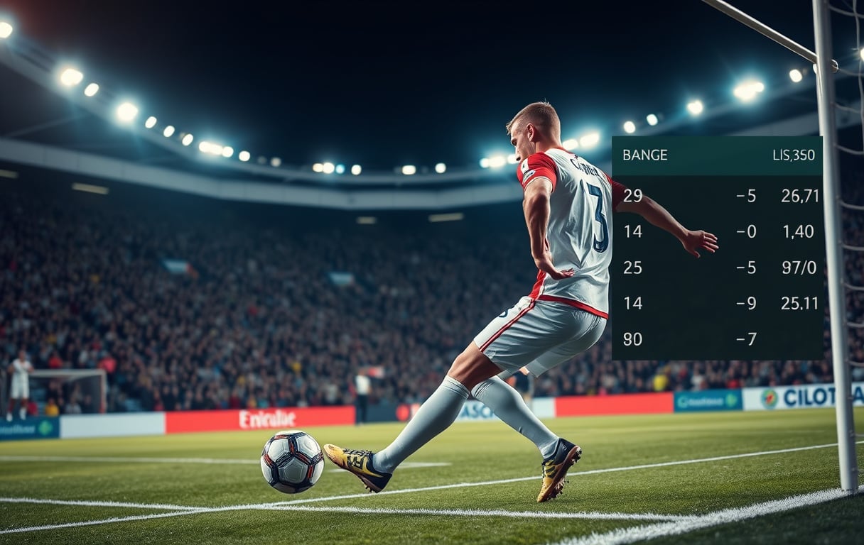 Fotballkamp med odds og norsk flagg i hjørnet – illustration til guide om fotballbetting.
