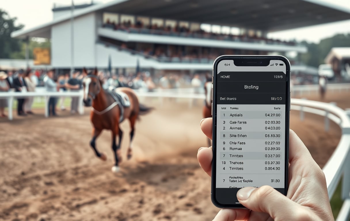 Hesteløp på travbane med bettingmarkeder og odds vist på mobiltelefon