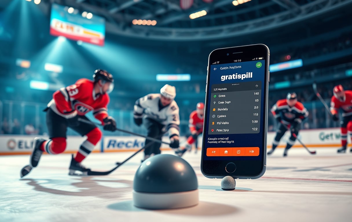Ishockeykamp med spillere i aksjon, mobiltelefon viser odds og gratisspill-tilbud