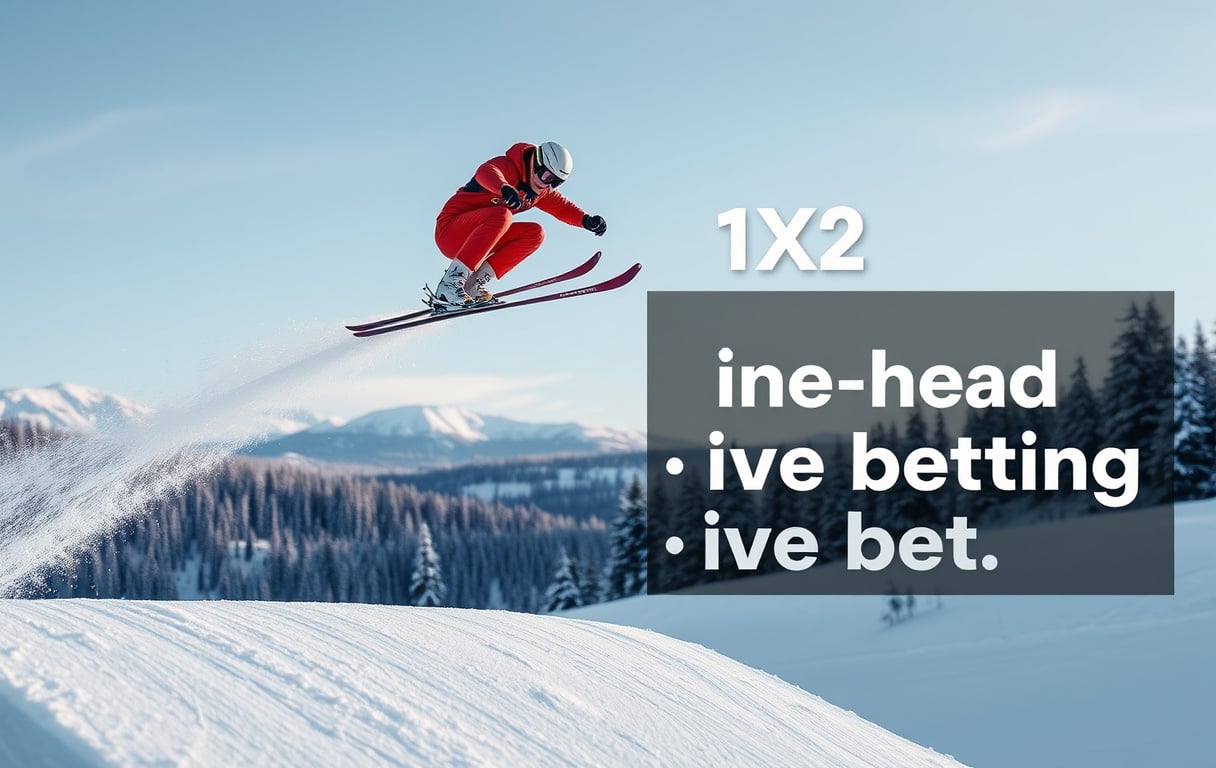 Skihopper i luften med bettingmarkeder som vinner, head-to-head og live-betting vist som grafisk overlay