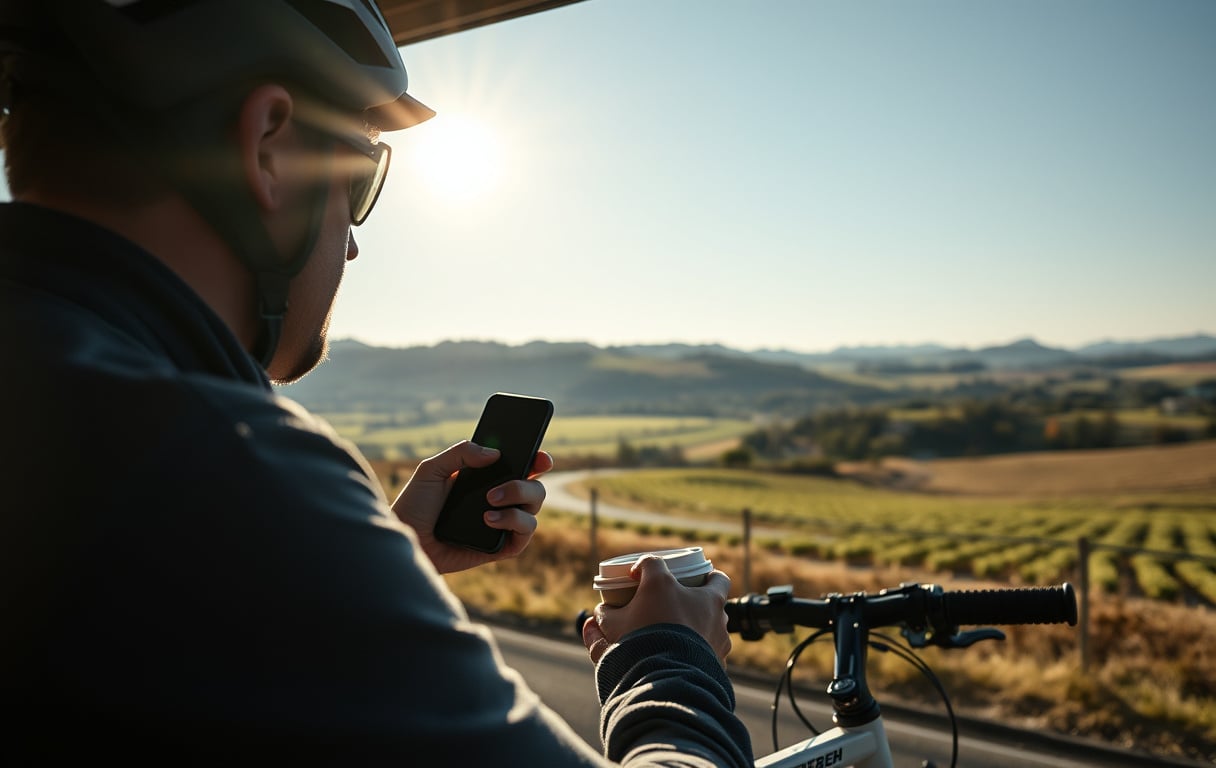 Sykkelrytter i fart med odds-app på mobilen