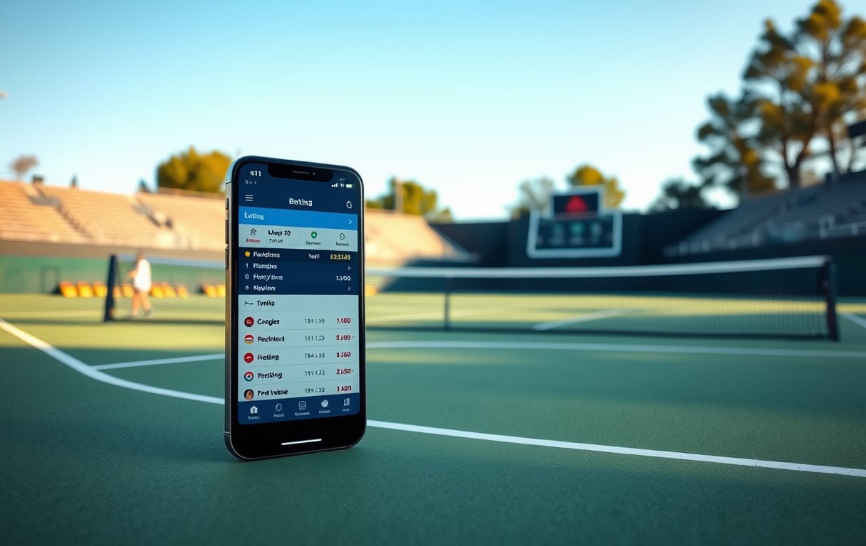 Tennis-betting med odds på smarttelefon og bane i bakgrunnen.