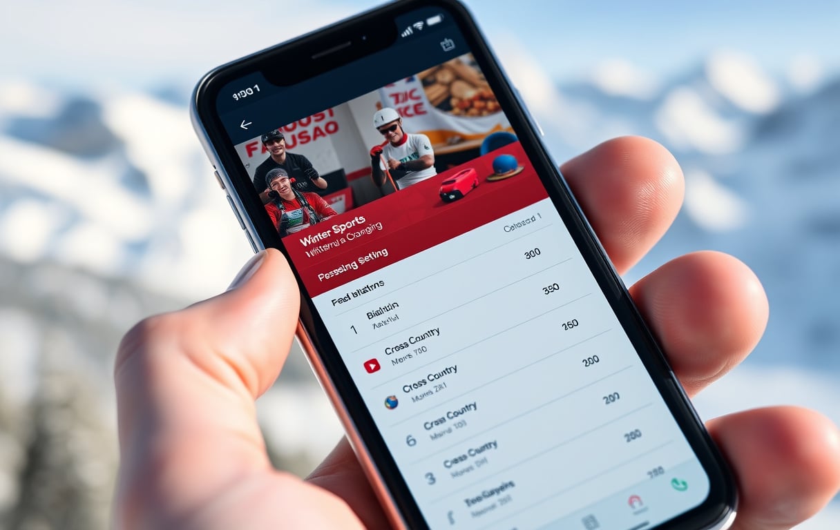 Mobilskjerm med betting på vintersport, ski og skiskyting i bakgrunnen